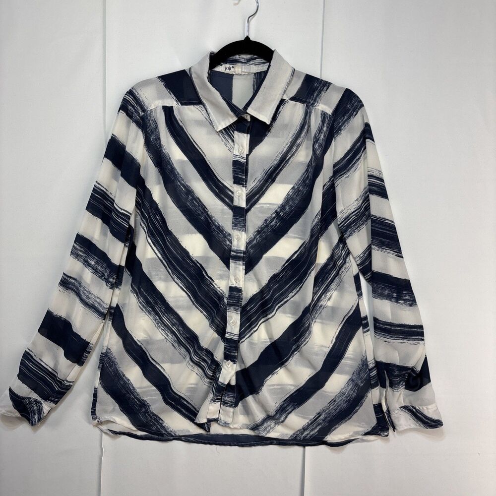 Jolt Women’s blouse sheer button up blue white Collar Roll Tab Sleeve L Tunic